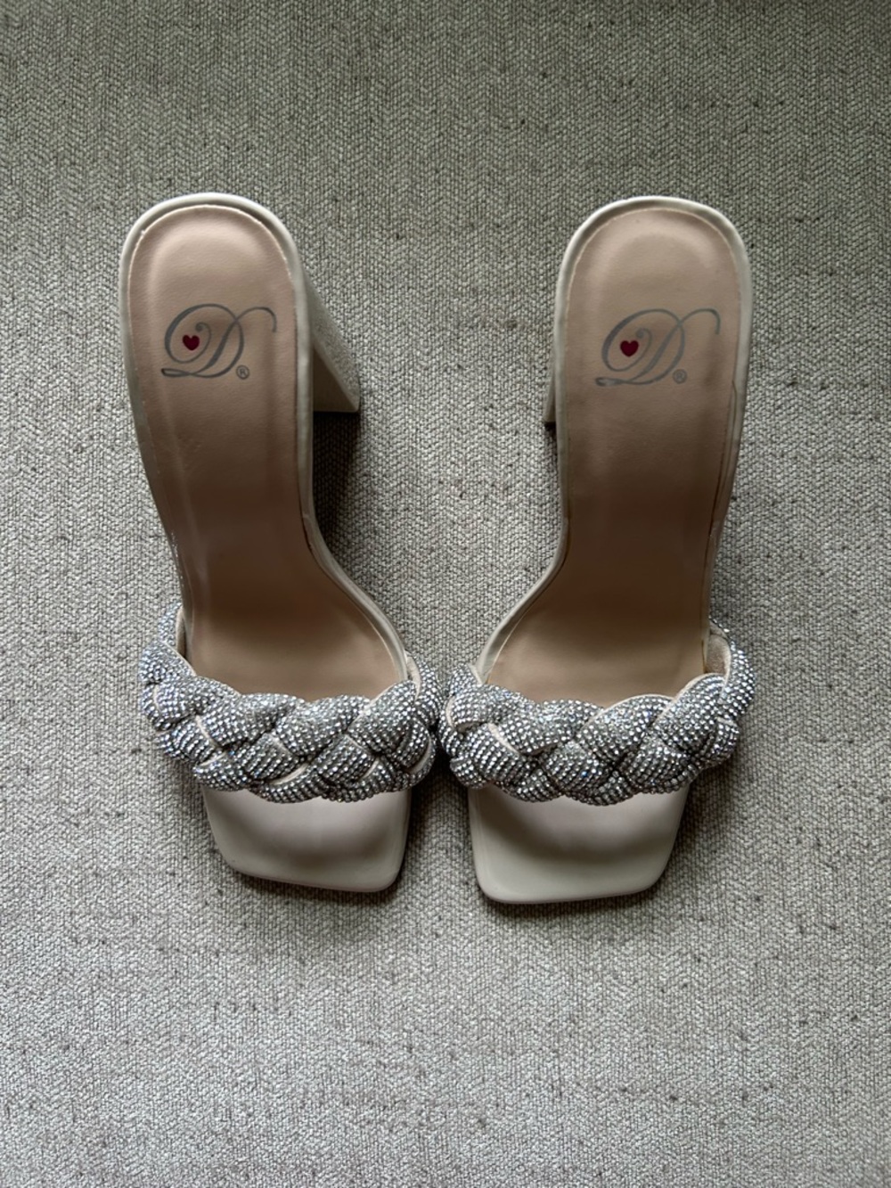 Dazzling Braided Strap Slide Heels - Beige with Silver Beading